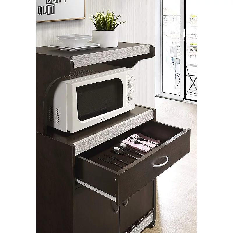 Hodedah Wheeled Microwave Cart with Drawer and Cabinet Storage， Chocolate Grey