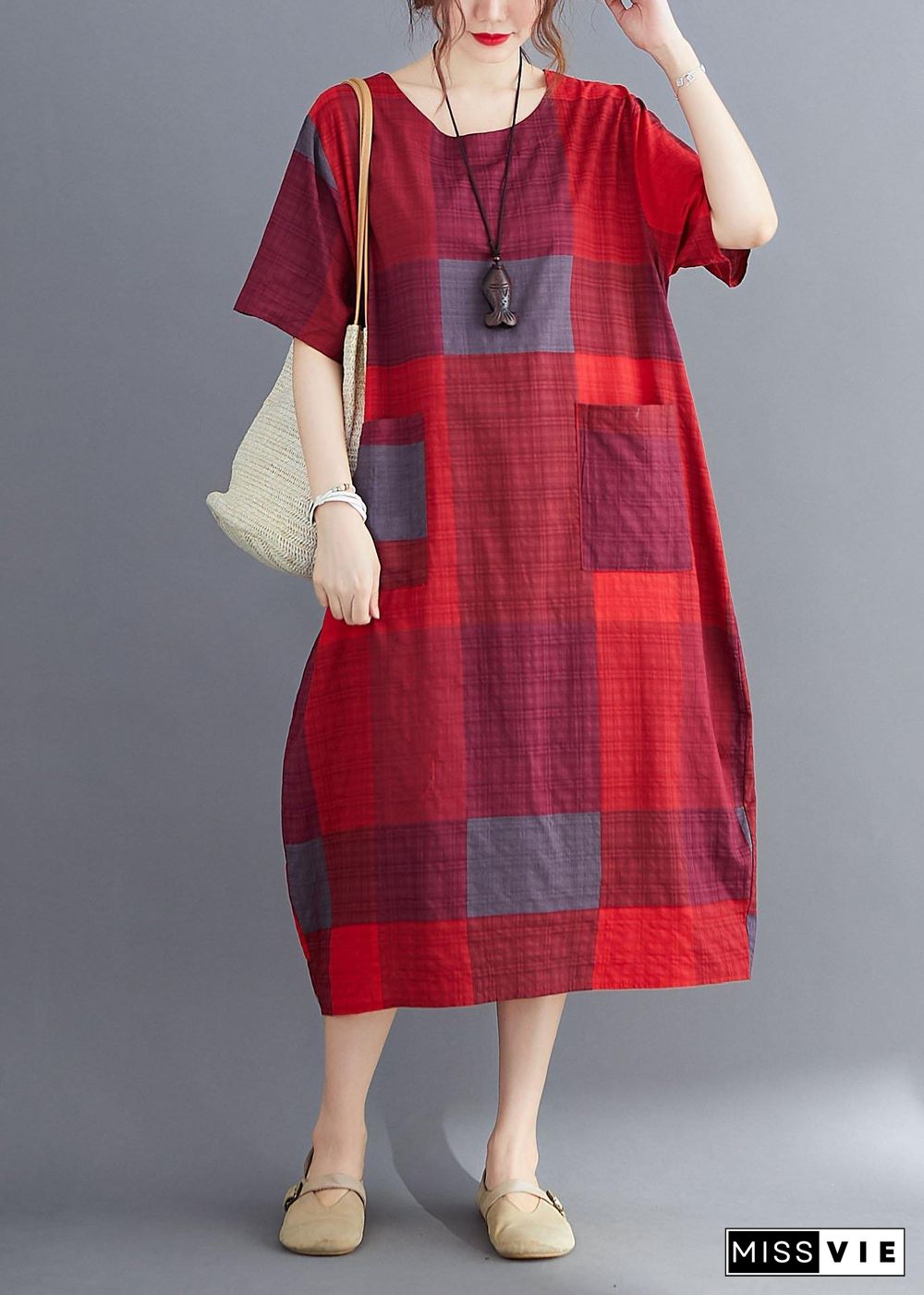 Plus Size Corron Linen Red O Neck Plaid Summer Maxi Dresses