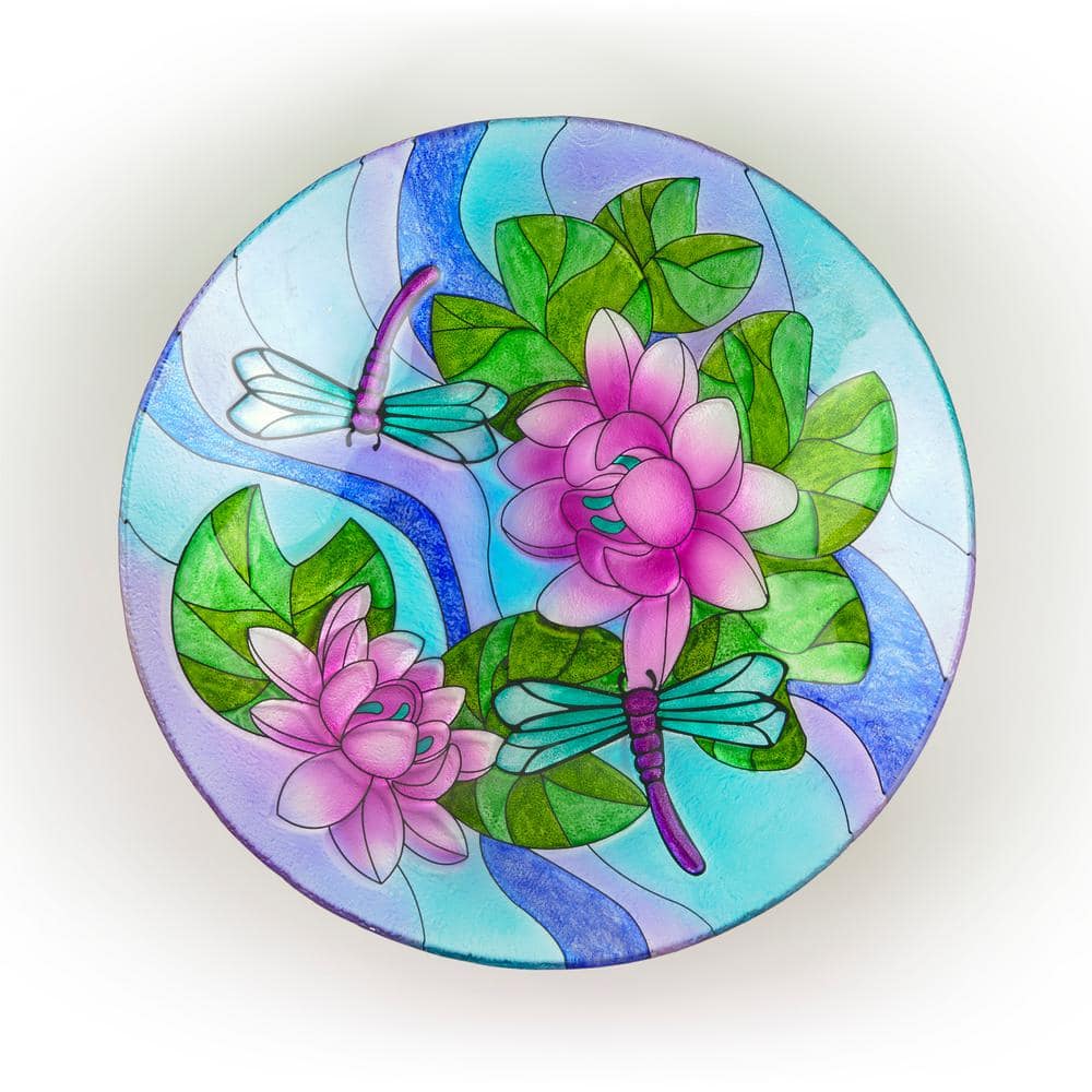 Alpine Corporation 18 in. Glass Birdbath Topper with Purple Dragonfly Painted Finish KPP610T-18