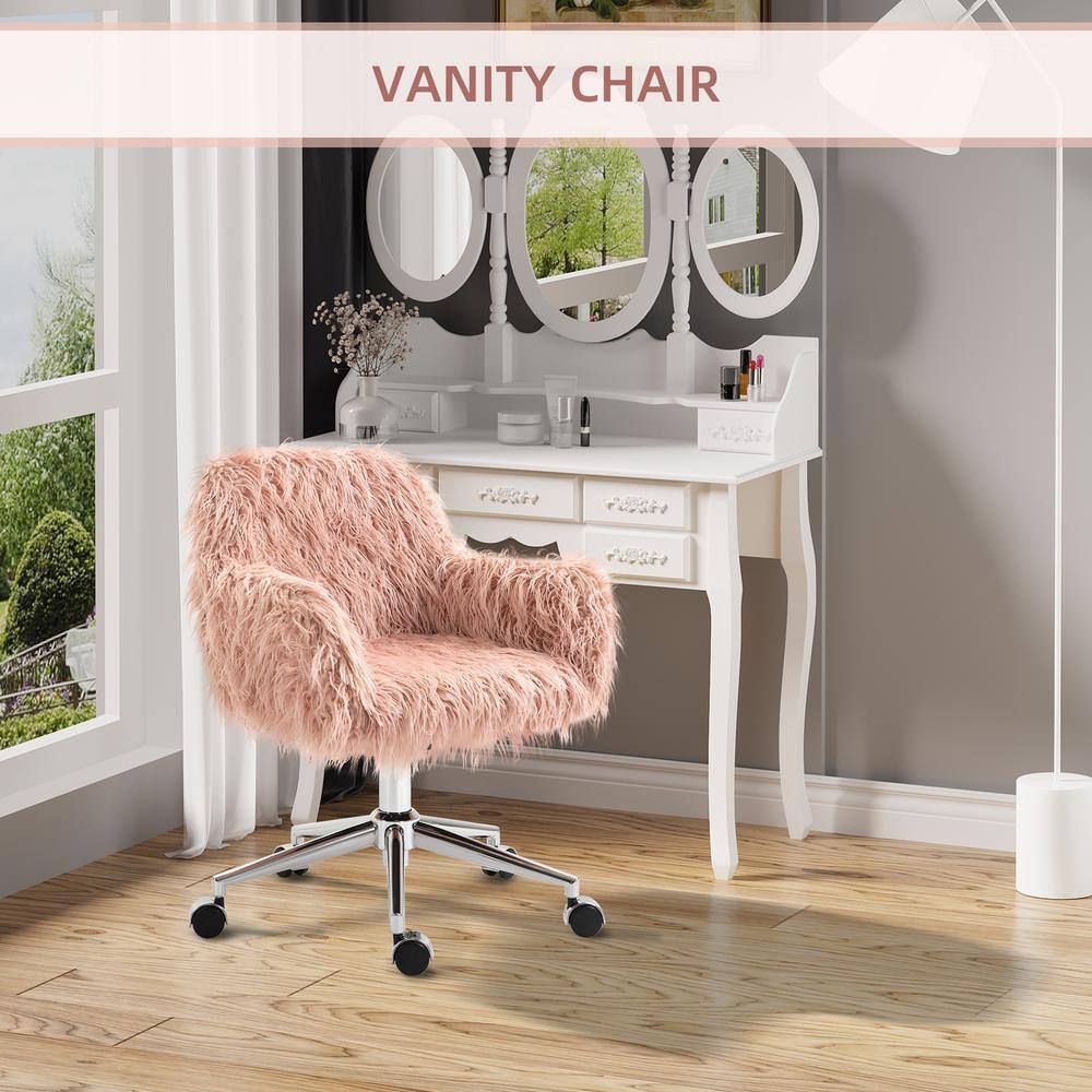 Vinsetto Pink Faux Fur Desk Chair Swivel Vanity Chair with Adjustable Height and Wheels 921-548PK