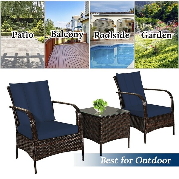 Costway 3 PCS Patio Wicker Rattan Furniture Set Coffee Table and 2