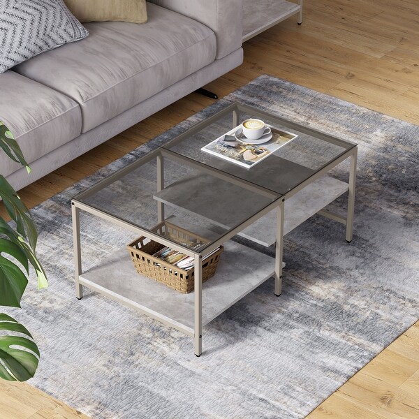 Farmhouse Glass Coffee Table with Storage， Metal Wood - 39.3 x 23.6 x 17.7