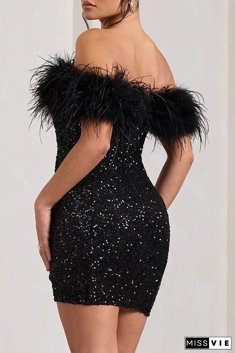 Sexy Solid Sequins Feathers Off the Shoulder Wrapped Skirt Dresses