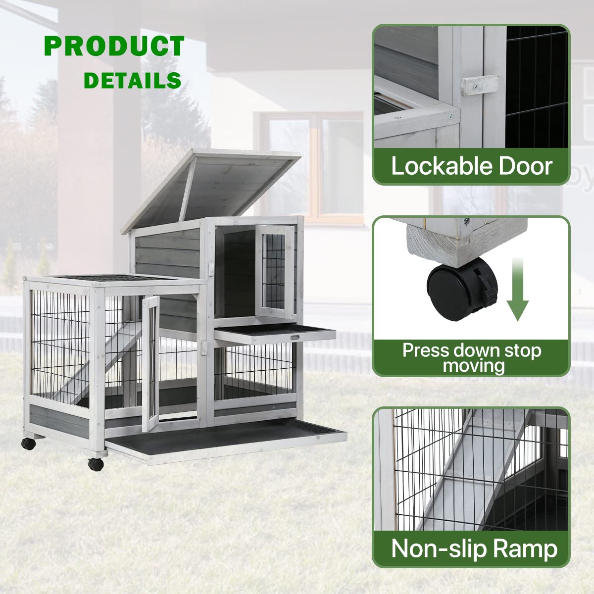 Large Rabbit Cages 37 inch Wood Rabbit Hutch Indoor with Wheels， Indoor Outdoor Two Story， Outdoor Rabbit Houses (Gray)