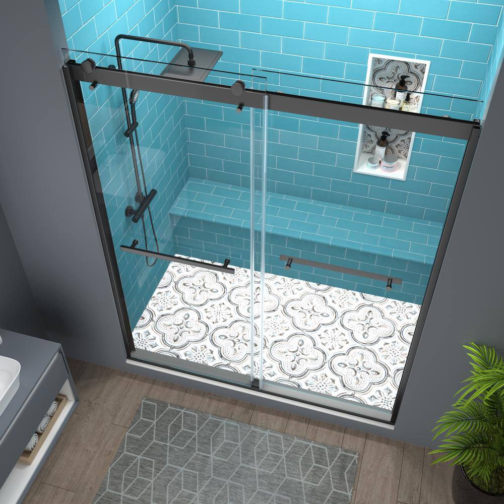 ES-DIY 56 in. W - 60 in. W x 74 in. H Sliding Semi-Frameless Shower Door in Matte Black Finish with Clear Glass KJJSSD6074DW08BL1