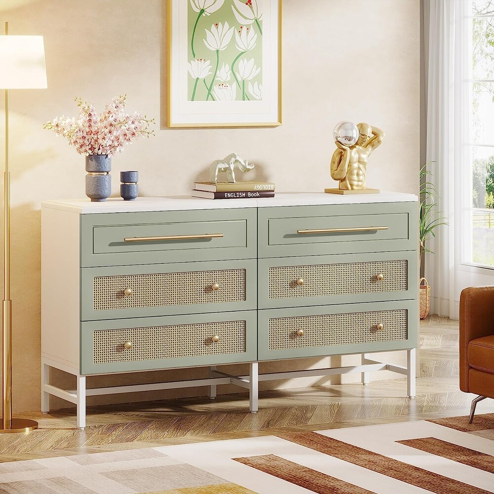 Modern Dresser 6 Drawer Dressers Chests of Drawers for Bedroom   White and Green