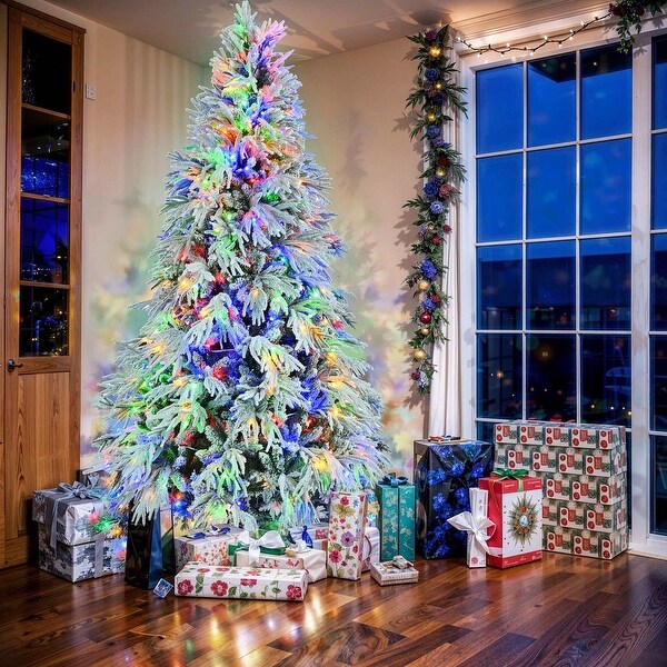 6/7.5FT PreLit Spruce Snow Flocked Christmas Tree，Lighted Artificial Hinged Xmas Tree with 8 Flashing Modes