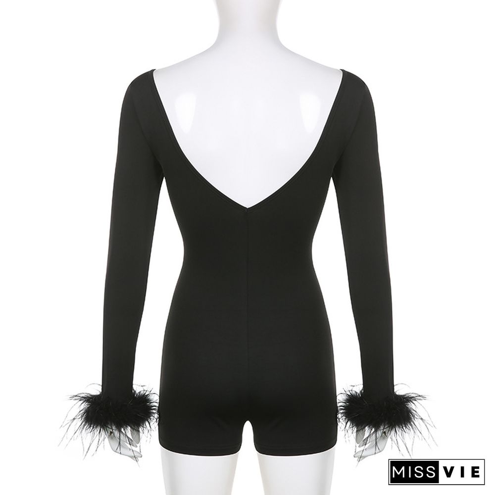 Feather Long Sleeve Ladies High Waist Rompers