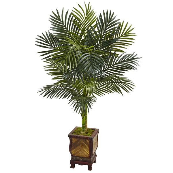 Nearly Natural 4.5foot Golden Cane Palm Tree Silk Plant in Wooden Decorated Planter