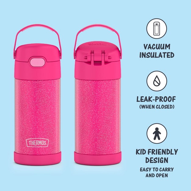 Thermos Funtainer 12 Ounce Stainless Steel Vacuum Insulated Kids Straw Bottle Pink Glitter