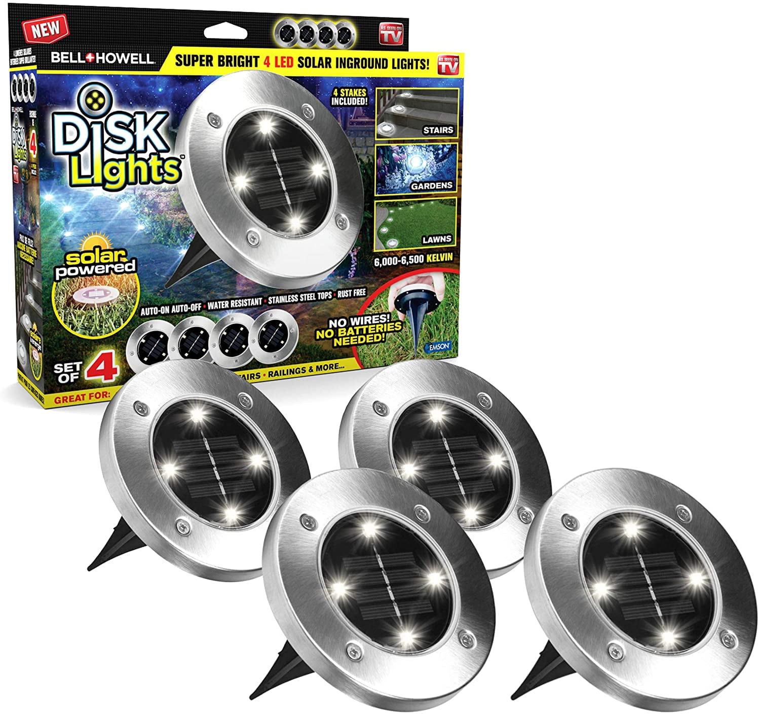 Bell + Howell Disk Lights， Heavy Duty Outdoor Solar Pathway Lights， 8 LED with Included Stakes， Steel， 4 Pack