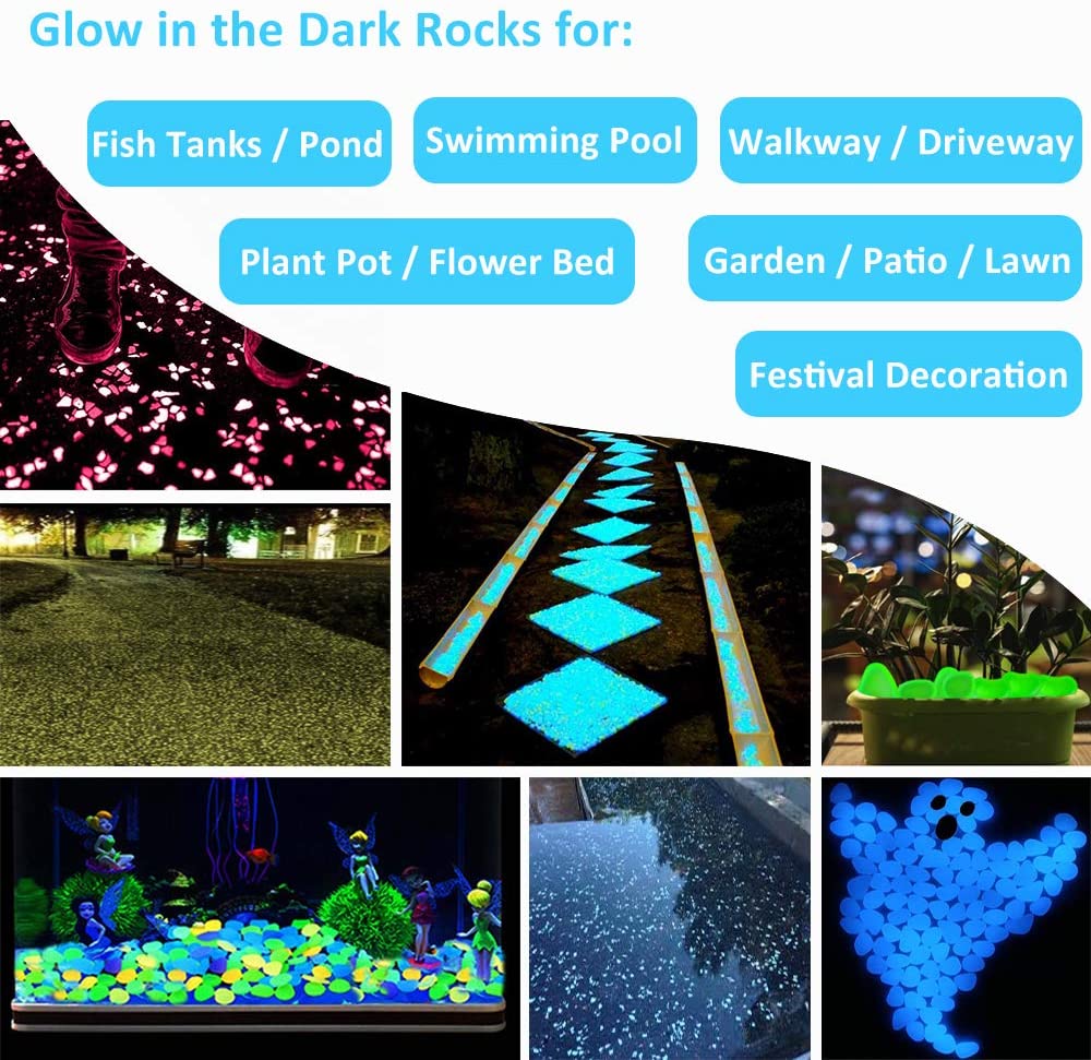 Baofu 100Pcs Luminous Stone Glow in The Dark Pebbles Rocks Decor for Walkway Yard Grass Fish Tank Light blue