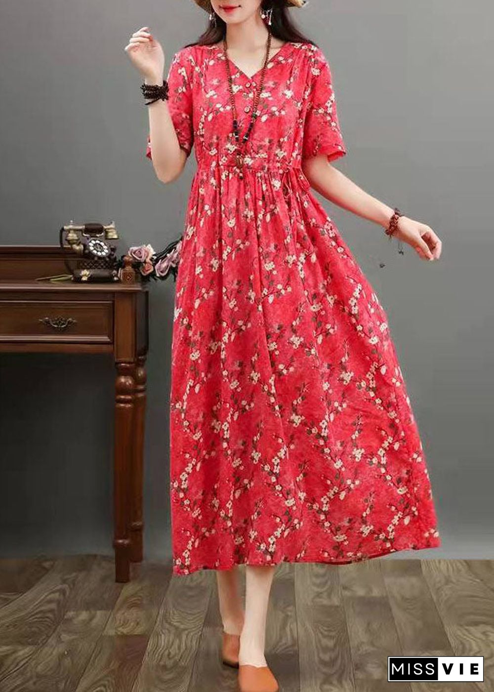 French burgundy cotton linen dresses Fine Sewing prints Maxi summer Dress