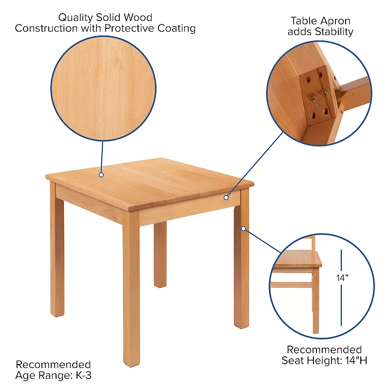 Emma and Oliver Kids Natural Solid Wood Table and Chair Set for Classroom， Playroom， Kitchen