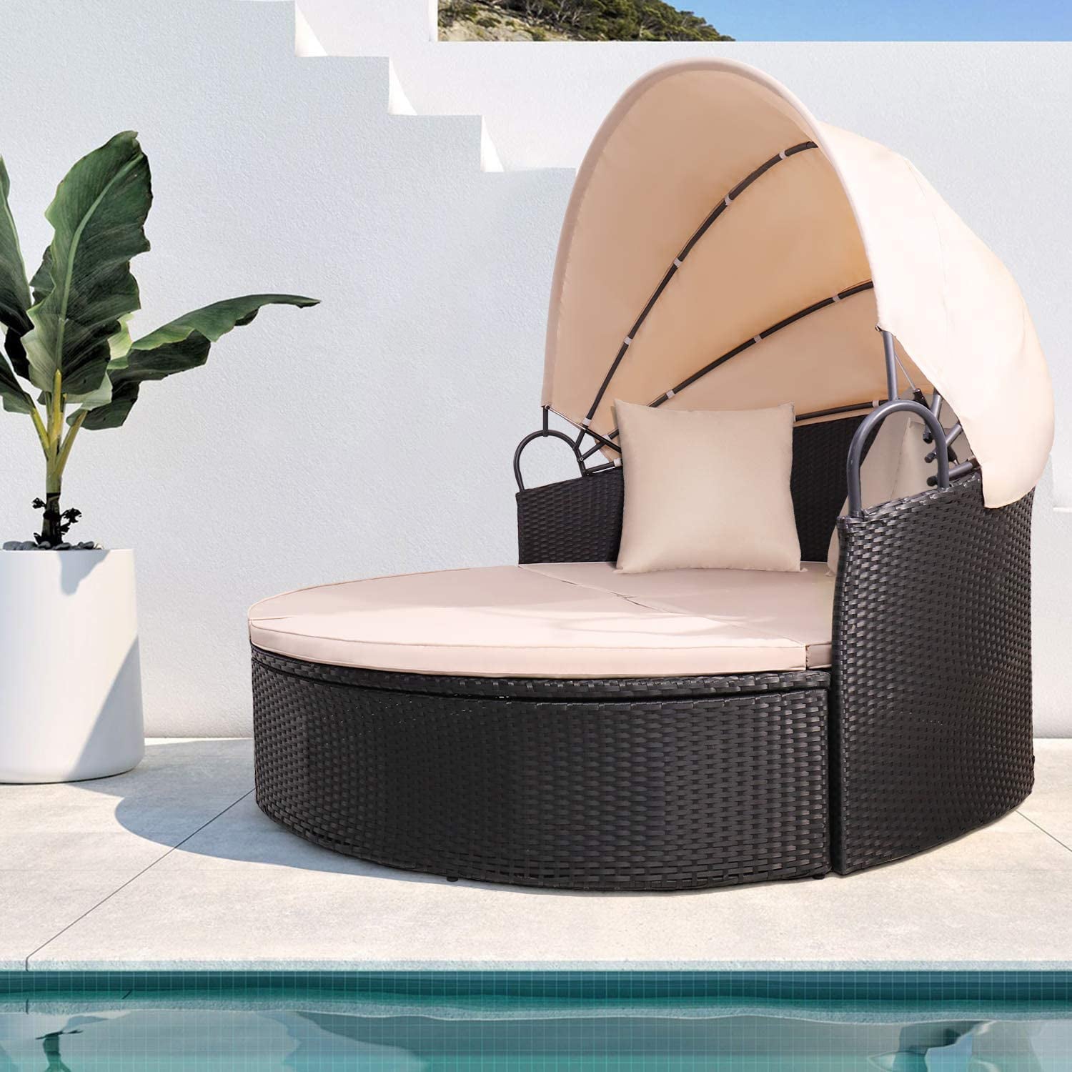 Vineego Patio Furniture Outdoor Round Daybed with Retractable Canopy Wicker Rattan Separated Seating Sectional Sofa for Patio Lawn Garden Backyard Porch Pool