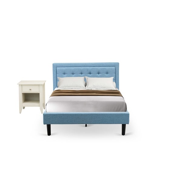 Platform Bedroom Set with Full Bed Frame and a Wooden Night Stand - Denim Blue Linen Fabric - - 33887396