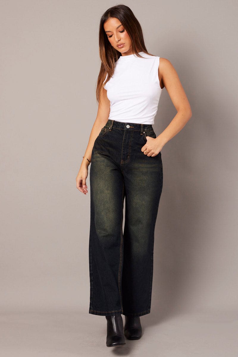 Denim Wide Leg Jean Mid Rise Dirty Wash