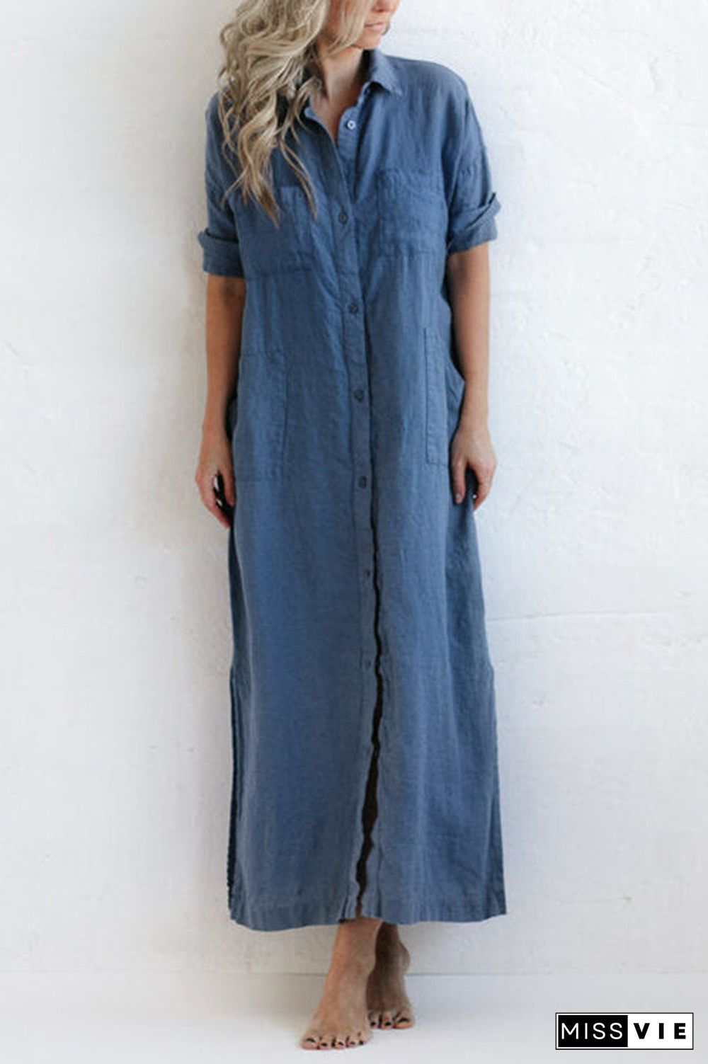 Linen Button Pockets Shirt Maxi Dress