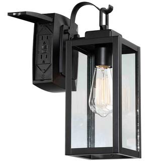 Uixe 1-Light Matte Black Light Outdoor Wall Lantern Sconce with Clear Glass and Built-In GFCI Outlets SSL-12151-GFCI