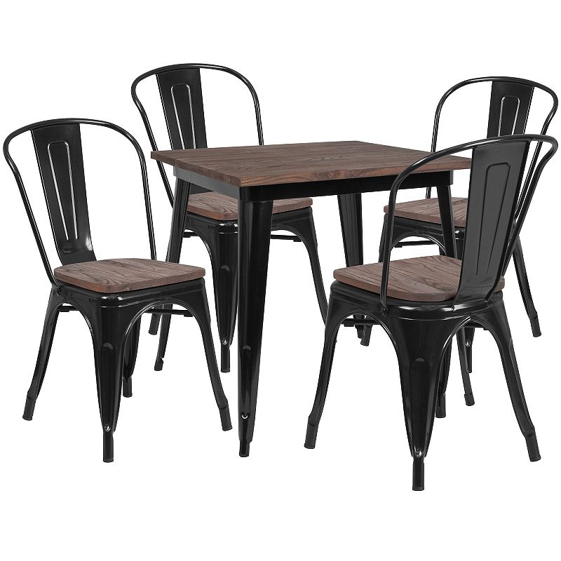 Emma and Oliver 31.5 Square Silver Metal/Wood Table Set - 4 Stack Chairs