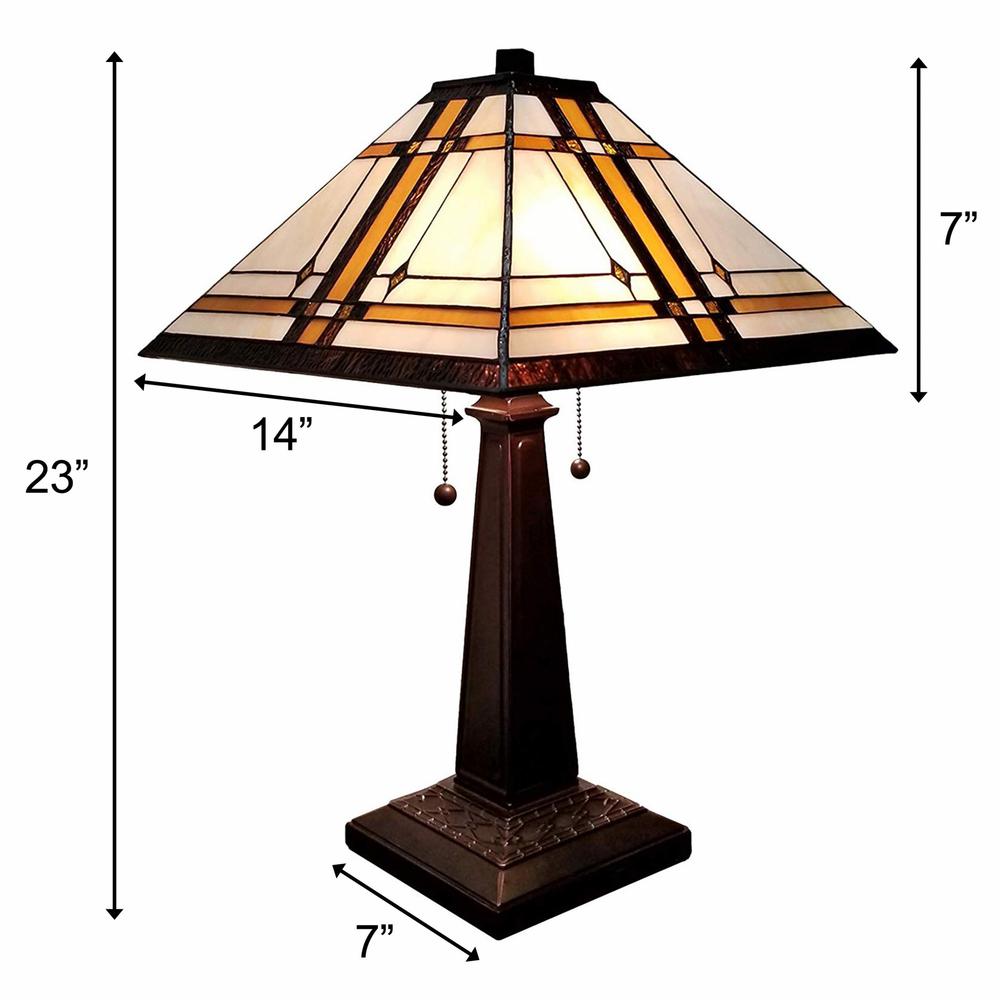 23" White Amber and Brown Stained Glass Two Light Mission Style Table Lamp