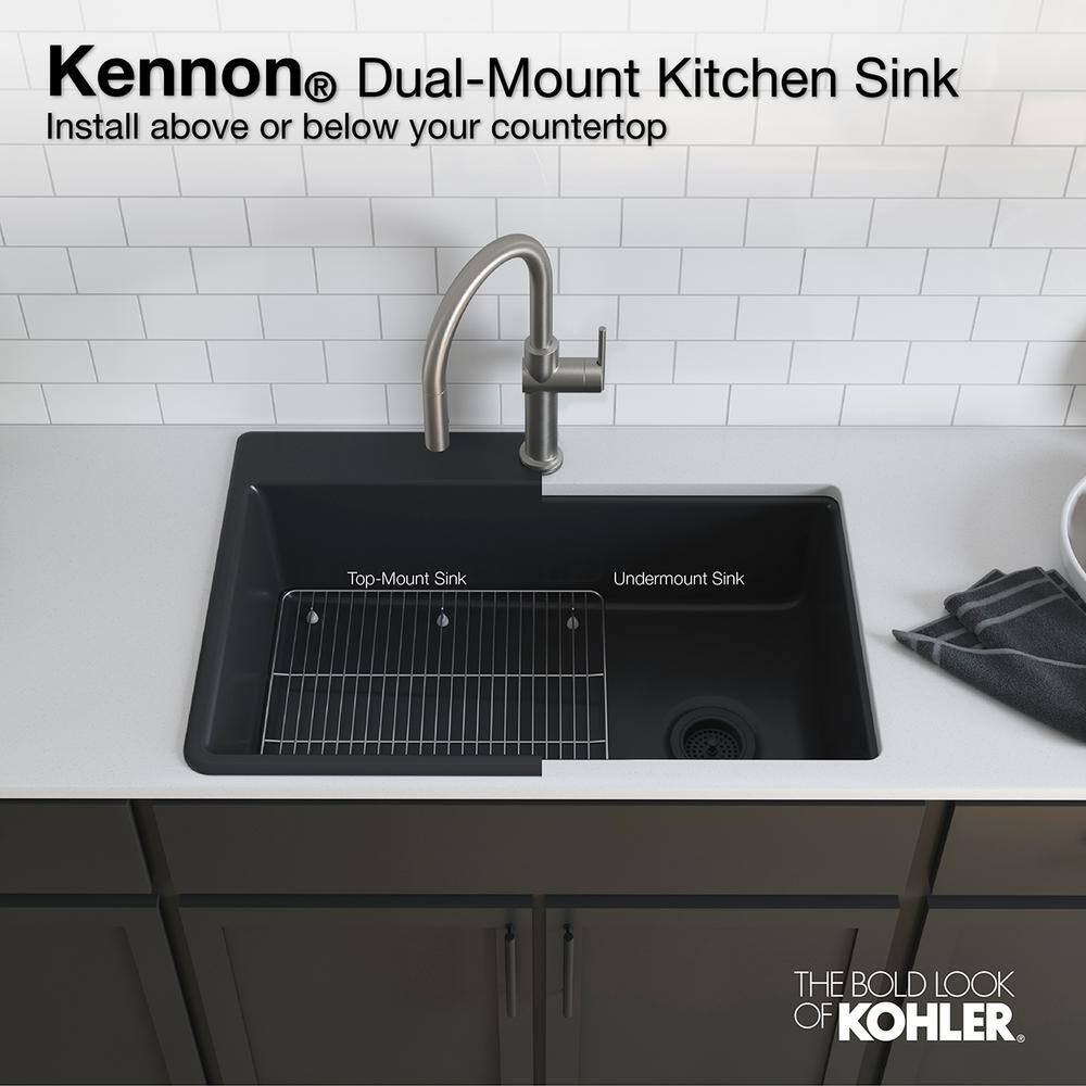 KOHLER Kennon Top-MountUndermount Neoroc Granite Composite 25 in. Single Bowl Kitchen Sink in Matte Black with Basin Rack K-28003-1-CM1