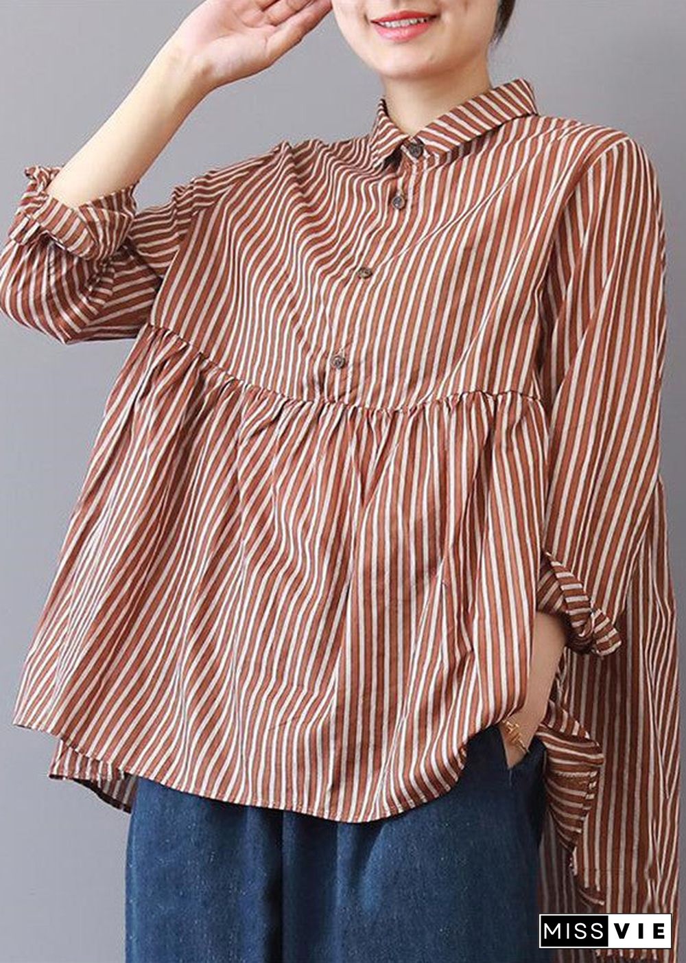 boutique red striped linen blouse plus size traveling clothing fine patchwork lapel collar linen blouses