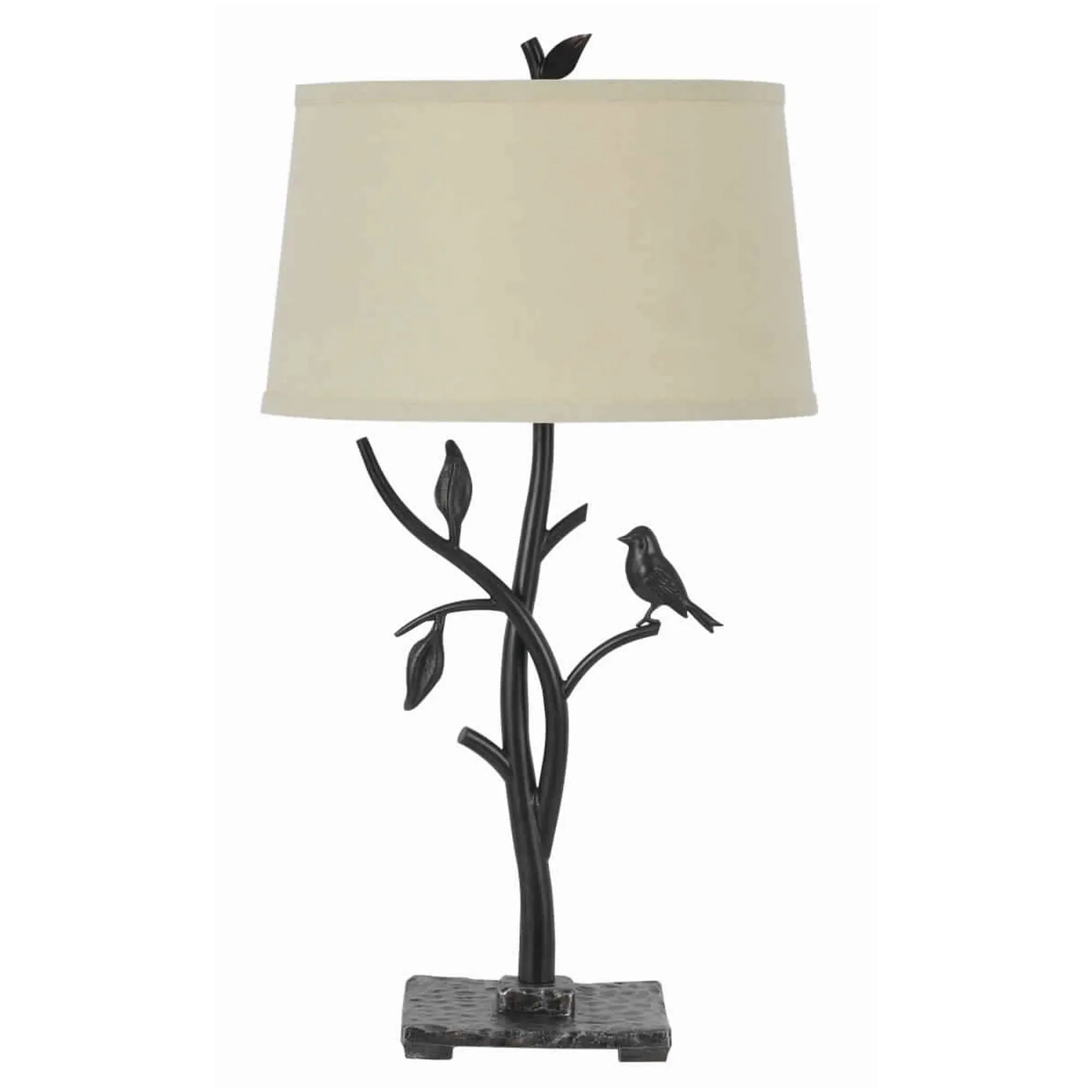 Metal Tree and Bird Body Table Lamp with Tapered Shade， Black and Beige