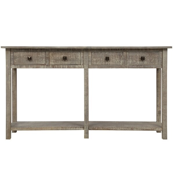 Rustic Brushed Texture Entryway Table Console Table with 4 Drawers and Bottom Shelf for Living Room (Grey Wash) - 59