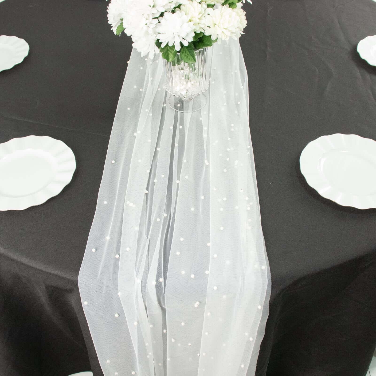 White Pearl Embellished Sheer Tulle Table Runner, Elegant Formal Table Linen 48