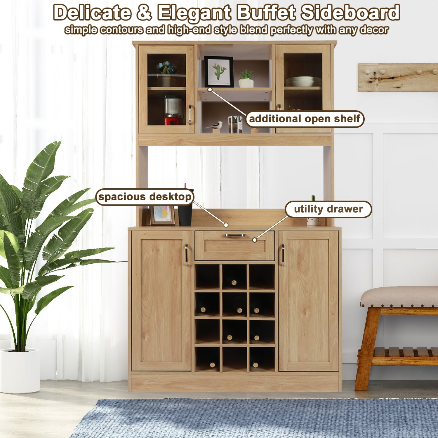 LAZZO Kitchen Buffet Storage Cabinet with Hutch Freestanding Kitchen Buffet Hutch Cupboard Wood Farmhouse Pantry Cabinet for Kitchen Storage Brown