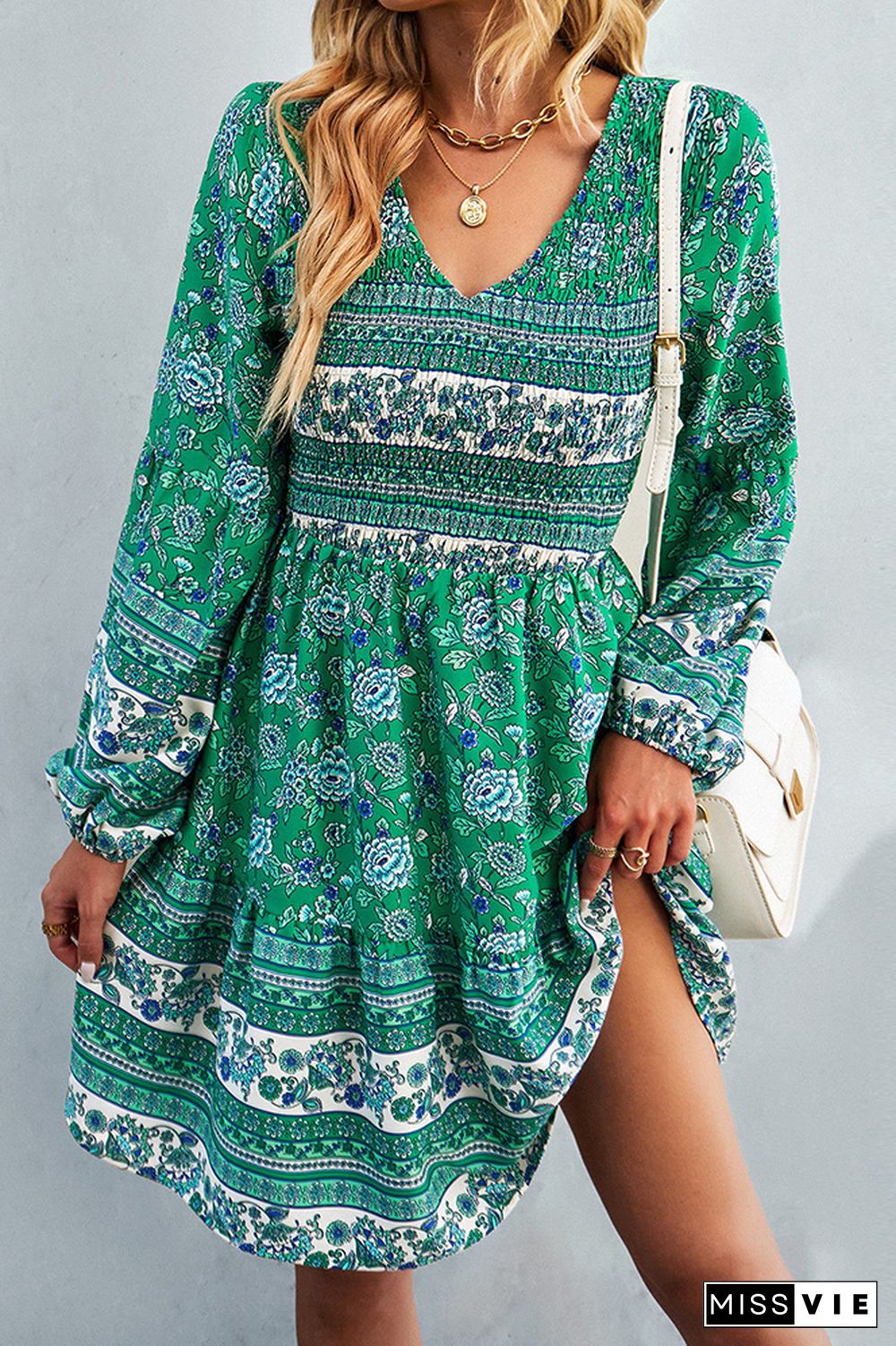 V Neck Smocked Boho Floral Long Sleeves Dress