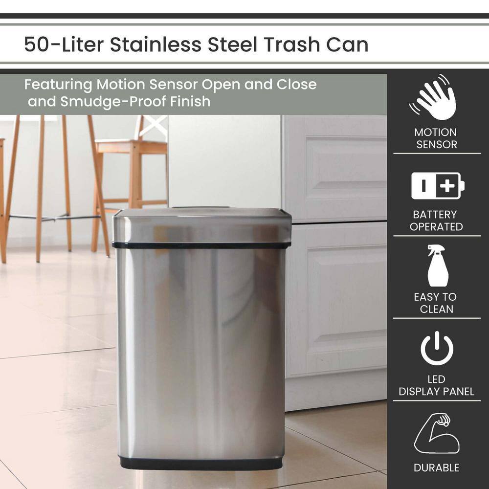 Hanover 13.2 Gal. Stainless Steel Metal Household Trash Can with Sensor Lid HTRASH50L-1