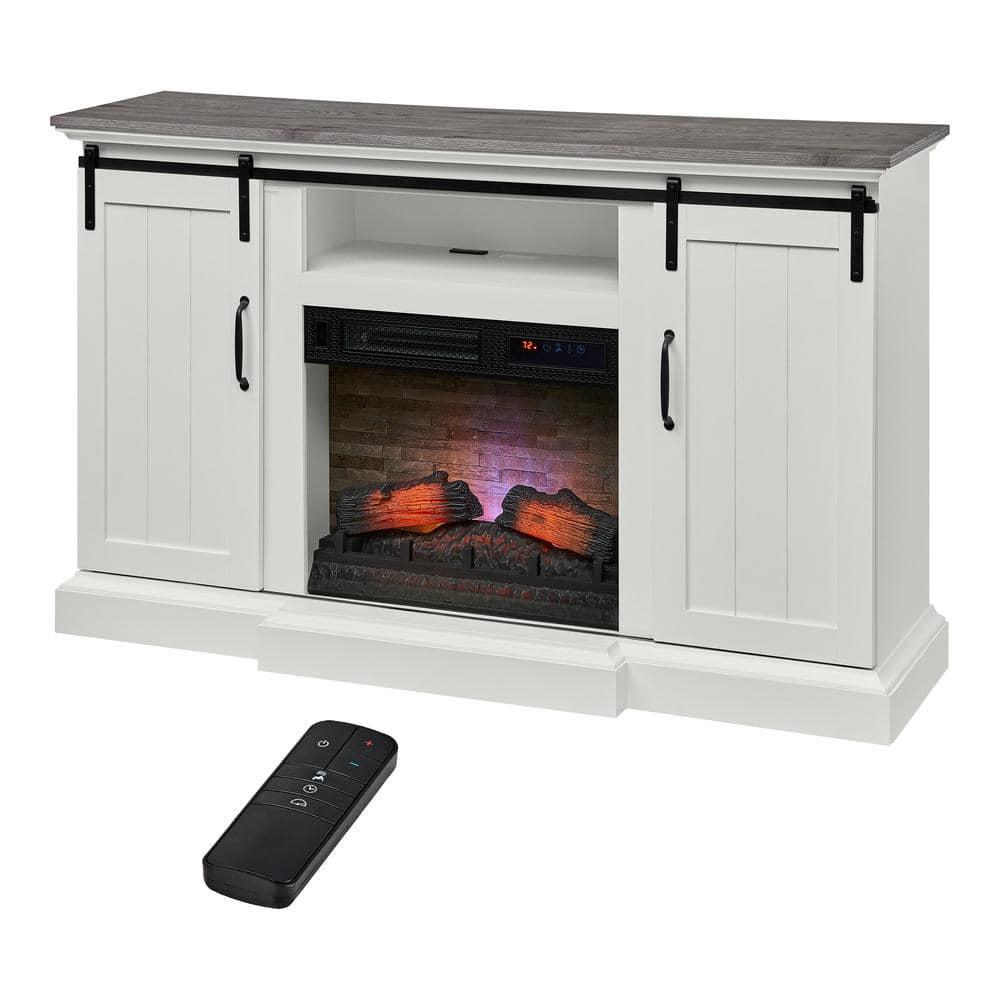 Home Decorators Collection Kerrington 60 in W Freestanding Media Console Electric Fireplace TV Stand in White with Gray Top