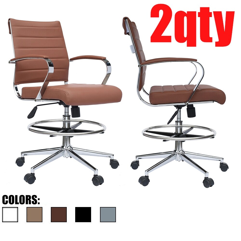 Set of 2 Modern Designer Drafting Chair Stools With Arms Ribbed Computer Brown Tilt Counter Bar Height For Work Desk