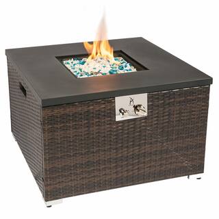 waelph Outdoor Gas Fire Pit Square Dark Brown Wicker Fire Pit Table Propane Fire Table with Glass Rocks GZ-B2BO2020547