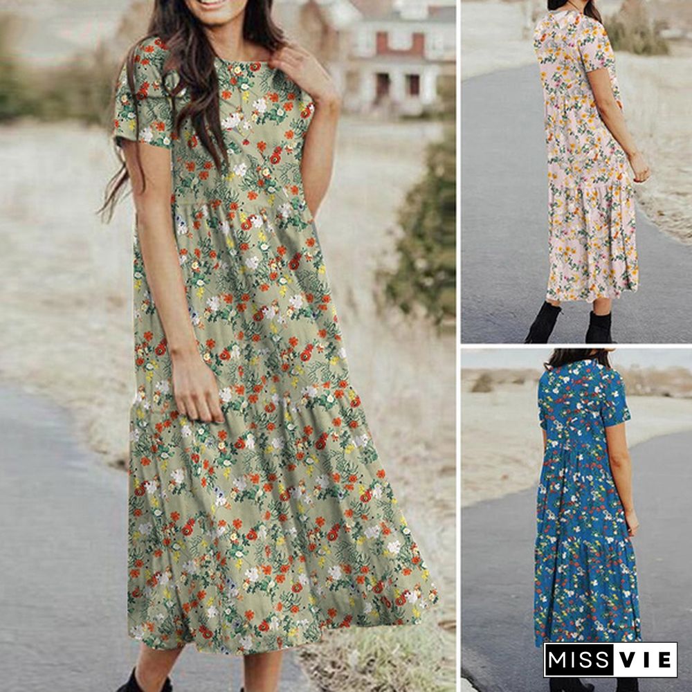 Loose Women Floral Printed Crew Neck Long Shirt Dress Holiday Baggy Midi Sundress Plus