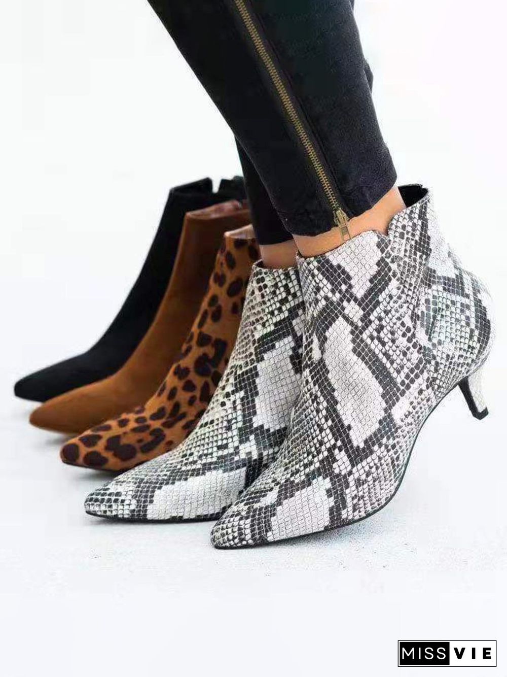 Leopard Snake Print Zipper Pointed Toe Ankle Boots