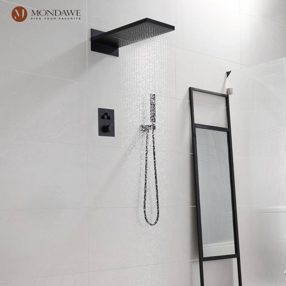 Mondawe 3-Spray Patterns Thermostatic Bathroom Showers 22 in. Wall Mount Rainfall Dual Shower Heads in Matte Black WF6648-22BL