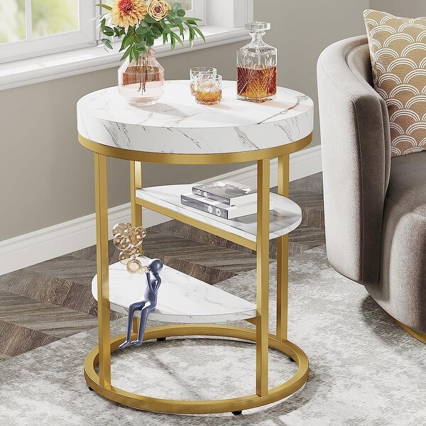 Gold End Table， Modern 3-Tier Side Table with Storage Shelf