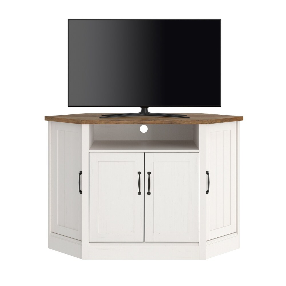 WAMPAT Corner TV Stand for TVs Up to 55 inch  Farmhouse Corner Entertainment with Open Shelves and Door Cabinet for Living Room