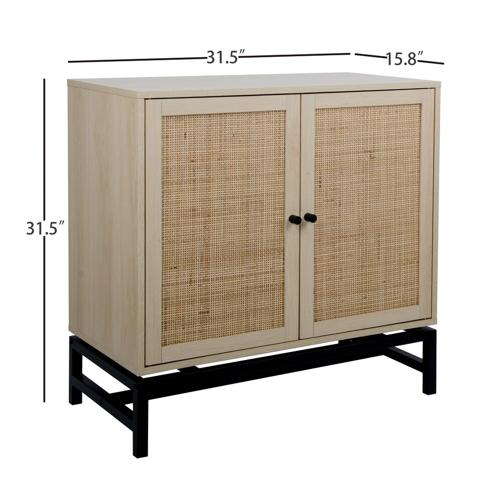 Set of 2 Natural Rattan 2 Door Accent Cabinet with 1 Adjustable Inner Shelves