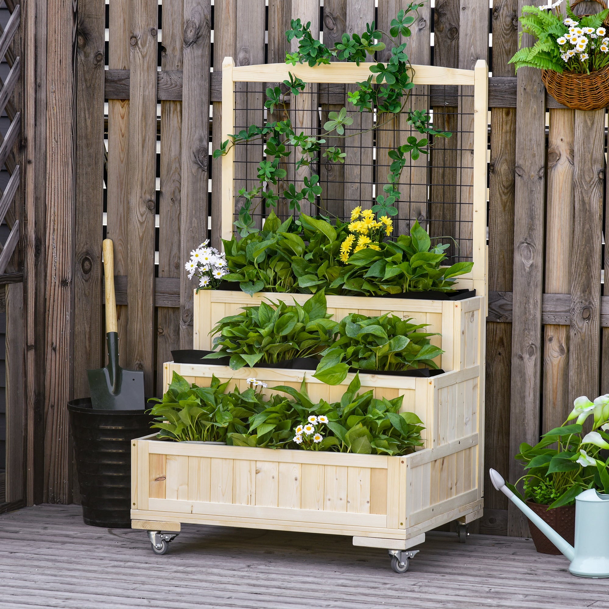 Outsunny 3-Tiers Wooden Raised Garden Bed w/ Wheels, Trellis, Back Storage Area