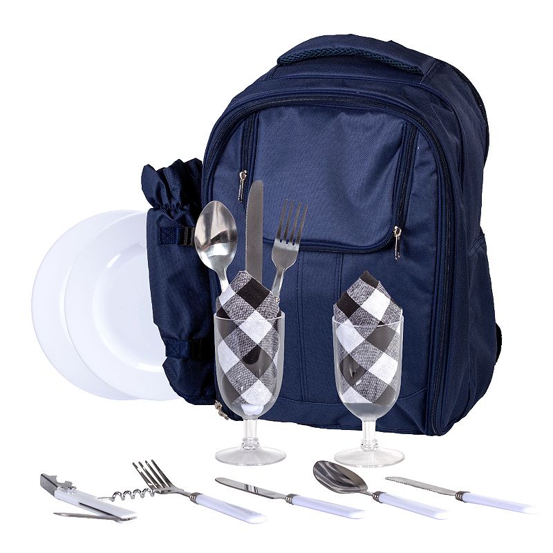 15 Piece Navy Blue Insulated Wine Carrier Tote Bag - Picnic Set for 2