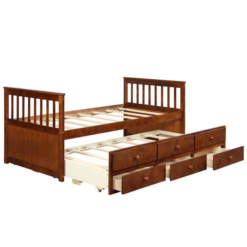 Twin Captain's Bed with Trundle Bed, Storage Daybed with 3 Drawers, Wooden Platform Bed for Kids Guests Sleepovers