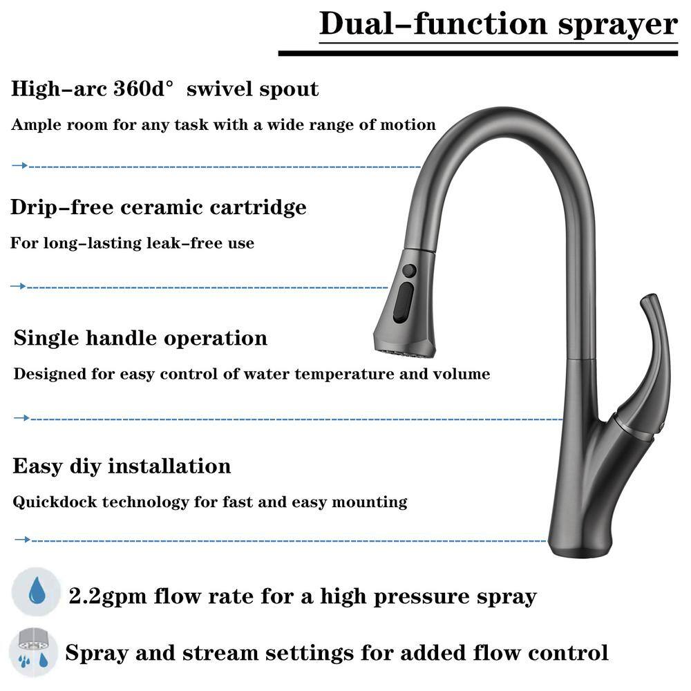 Kastner Single-Handle Deck Mount Pull-Out Sprayer Kitchen Faucet with Supply Lines in Metal Gray TKS400GR