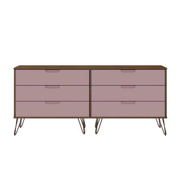 Rockefeller 6-Drawer Double Low Dresser in Native and Rose Pink