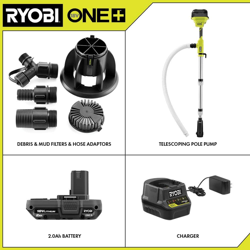 RYOBI ONE+ 18V Cordless 1/6 HP Telescoping Pole Pump with 2.0 Ah Battery and Charger RY20UP022K