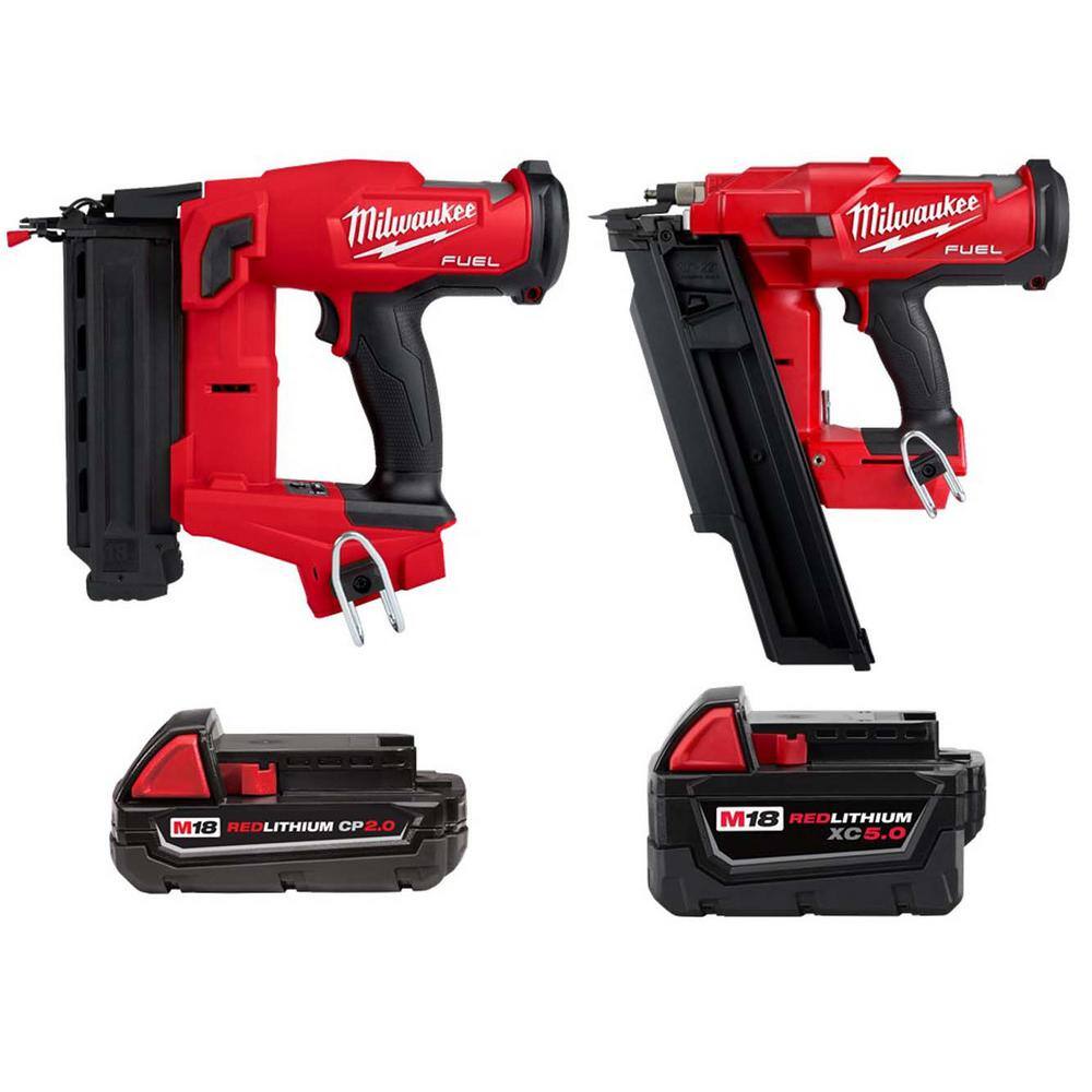 MW M18 FUEL Cordless 18-Gauge Brad Nailer M18 3-12 in 21-Degree Framing Nailer M18 2.0 Ah Battery M18 5.0 Ah XC Battery 2746-20-48-11-1820-2744-20-48-11-1850