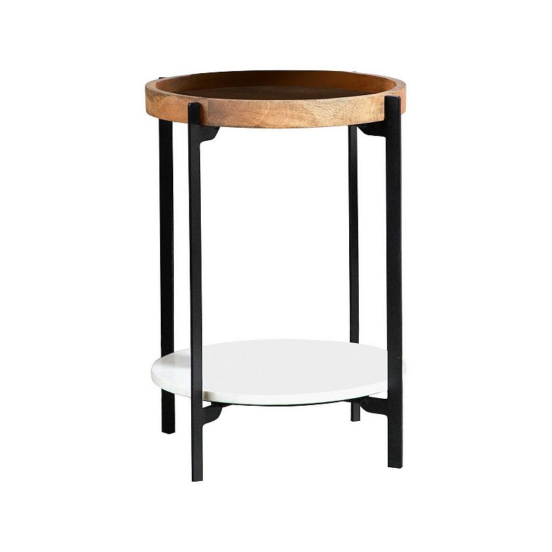 24 Inch Modern End Accent Table， Round Marble Shelf， Wood， White， Brown